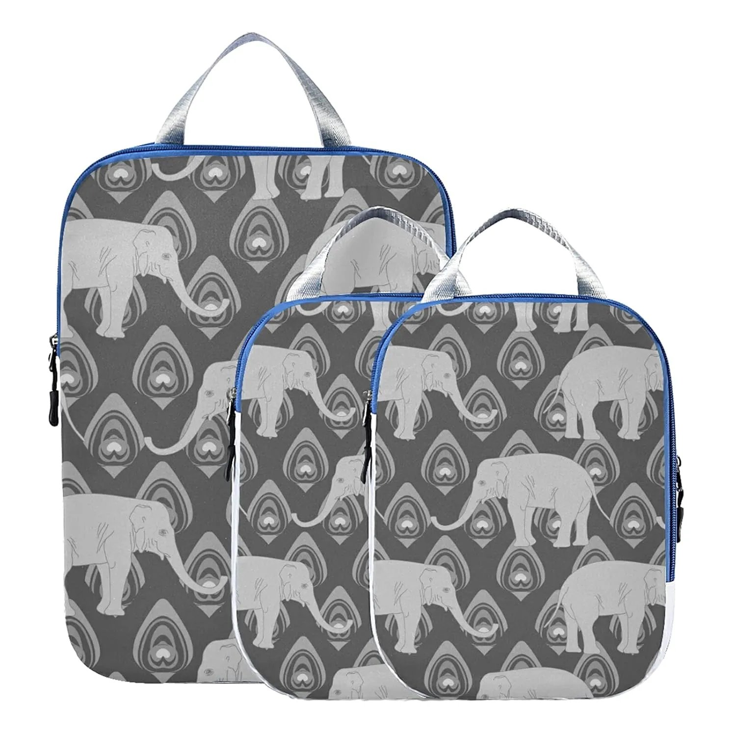 Grey Monochrome Tribal Ethnic Indian Elephant Peacock Feather 3 Set Packing Cubes, Waterproof Check Oxford cloth Organizers, Travel Packing Toiletry Storage Bag