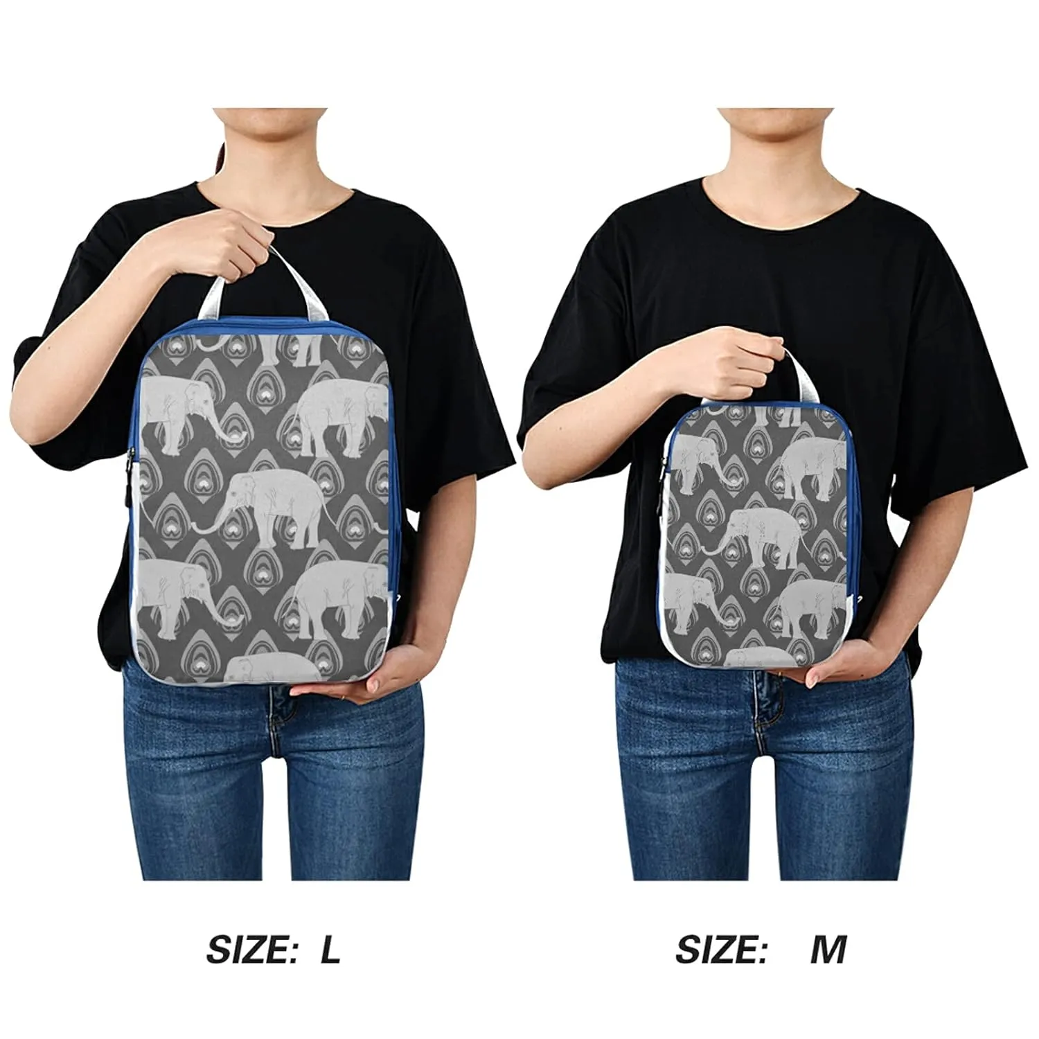 Grey Monochrome Tribal Ethnic Indian Elephant Peacock Feather 3 Set Packing Cubes, Waterproof Check Oxford cloth Organizers, Travel Packing Toiletry Storage Bag