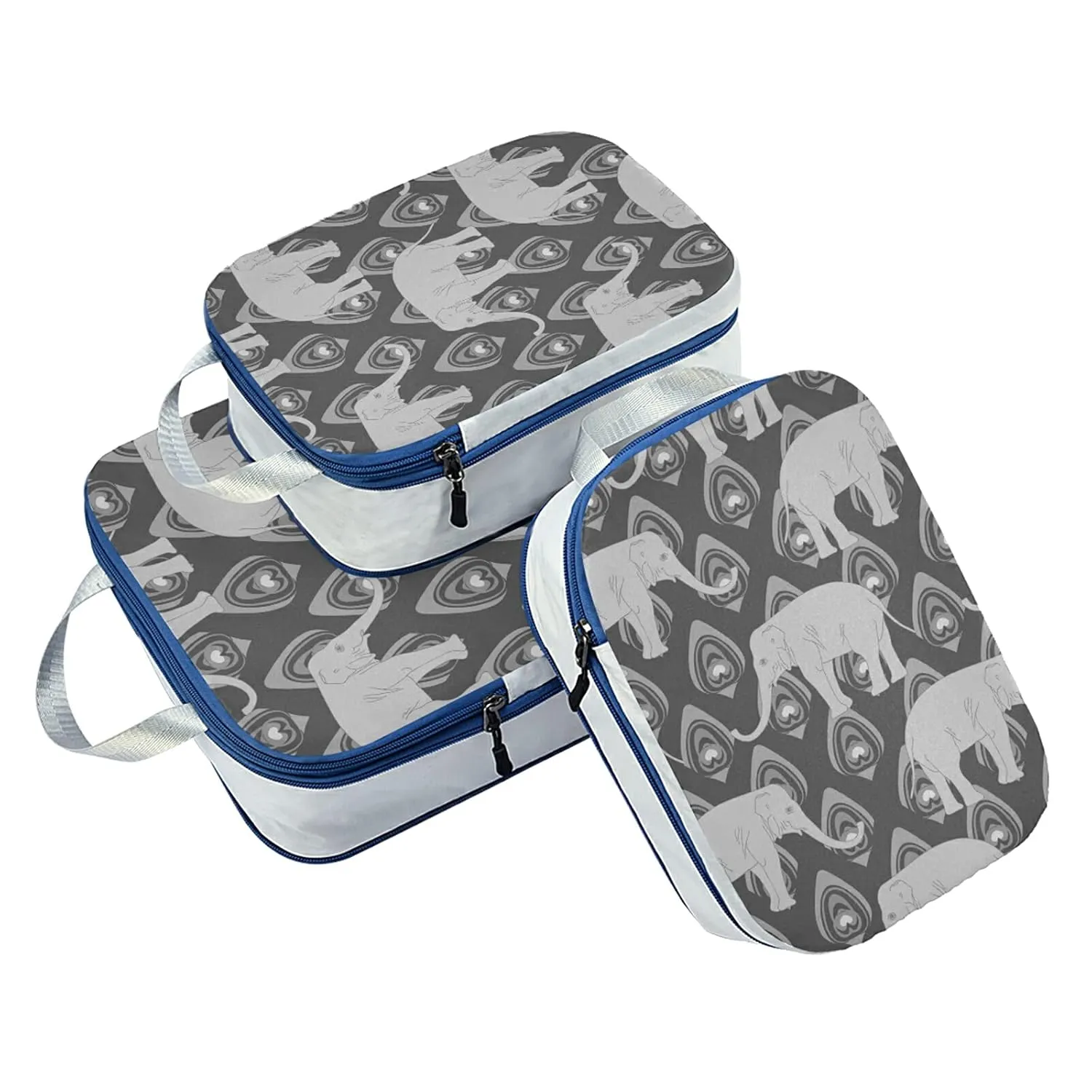 Grey Monochrome Tribal Ethnic Indian Elephant Peacock Feather 3 Set Packing Cubes, Waterproof Check Oxford cloth Organizers, Travel Packing Toiletry Storage Bag