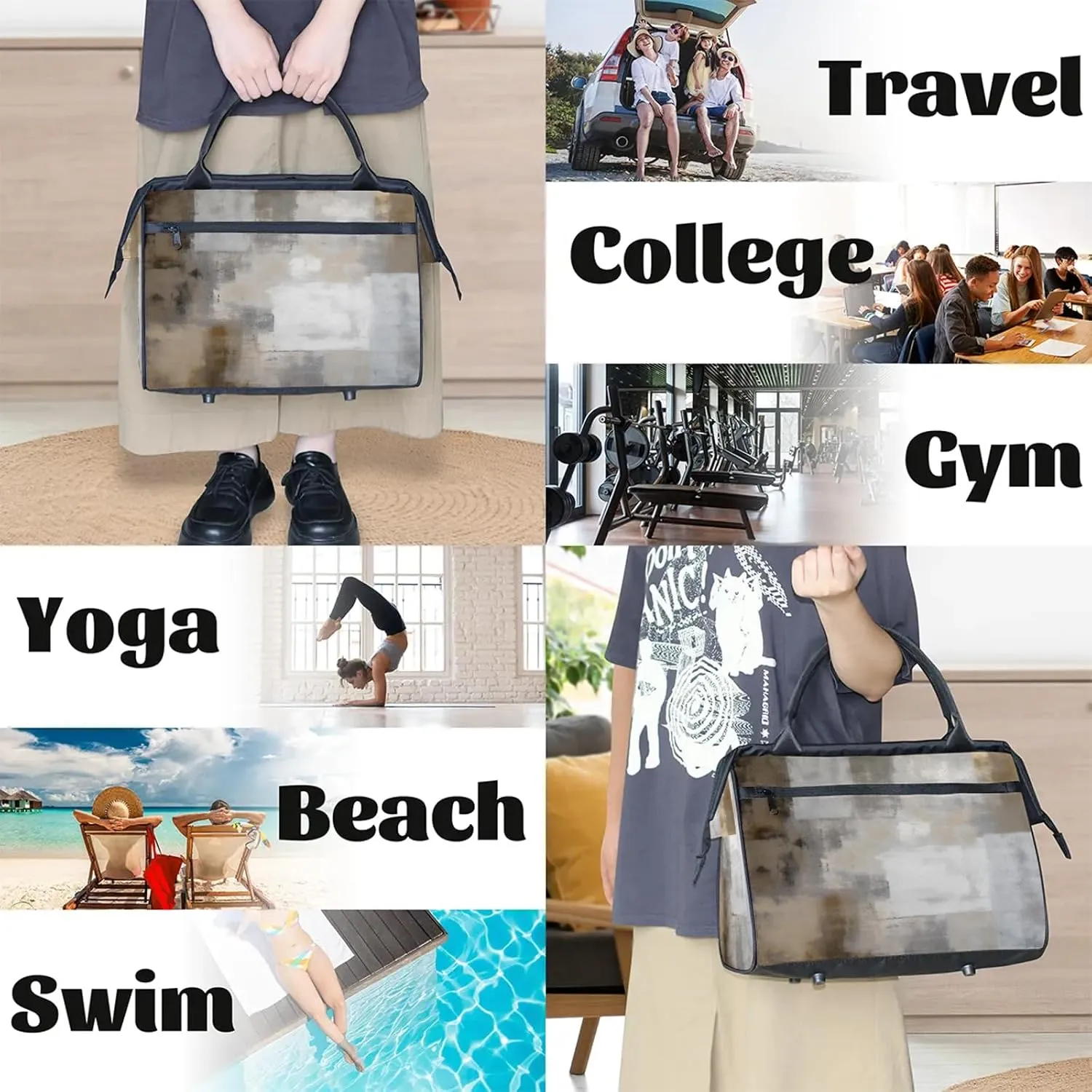 Grey White Abstract Travel Duffel Bag Gym Tote Bag for Women Men Waterproof Weekend Overnight Bag Carry On Tote Luggage with Pocket Personal Item Bags Sports Bag fit Travel Sports Gym Yoga