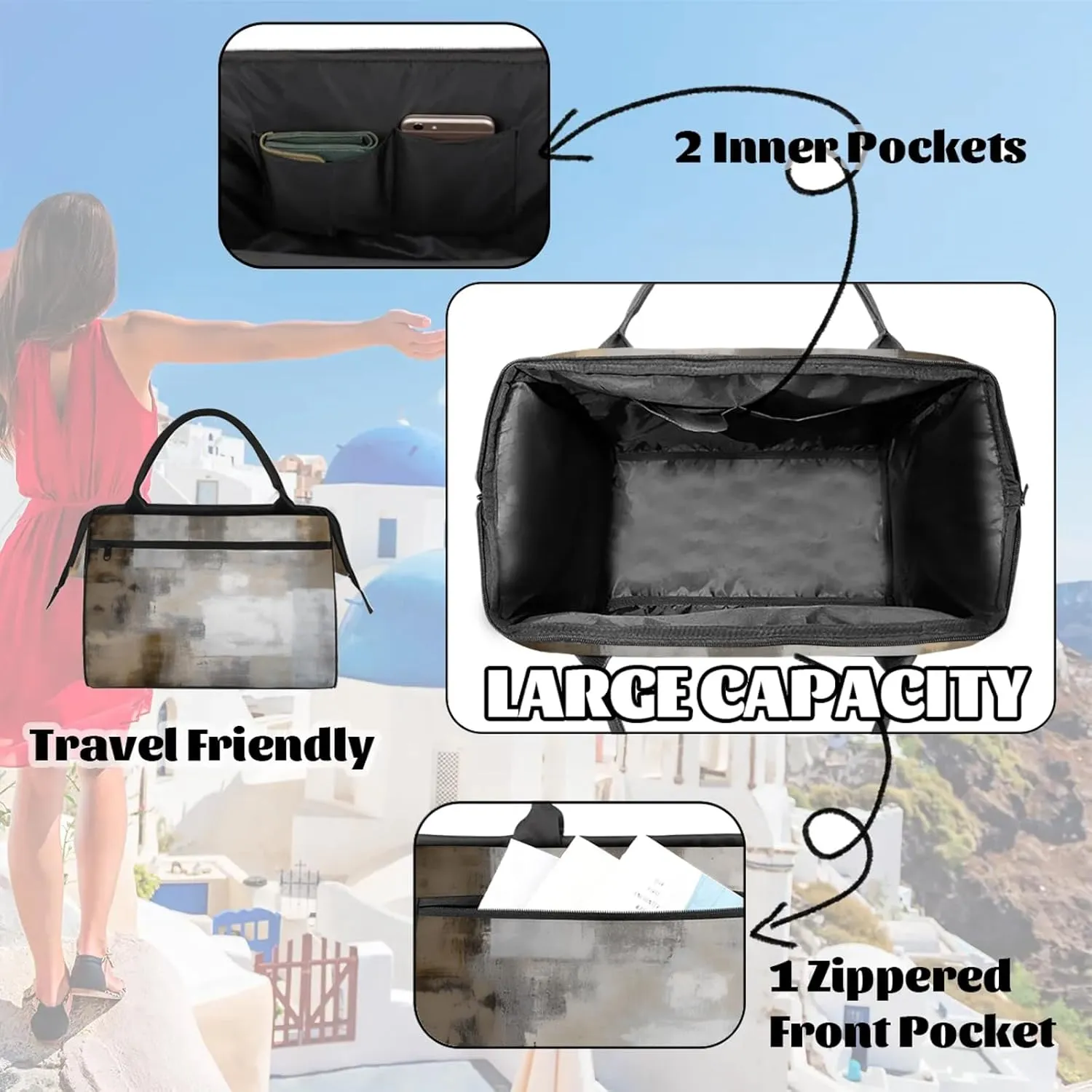Grey White Abstract Travel Duffel Bag Gym Tote Bag for Women Men Waterproof Weekend Overnight Bag Carry On Tote Luggage with Pocket Personal Item Bags Sports Bag fit Travel Sports Gym Yoga