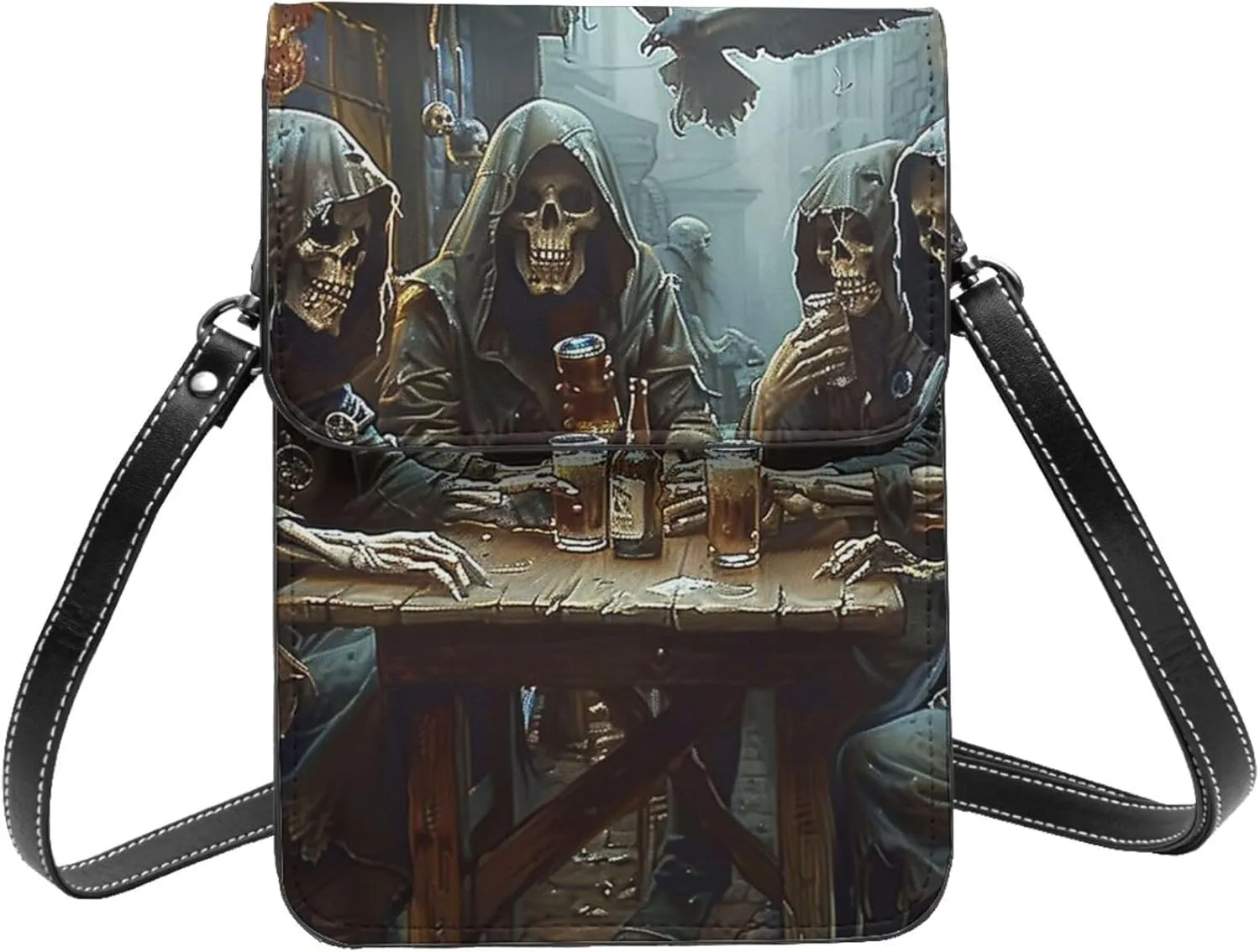 grim reaper skeletons medieval tavern death art style Leather Small Crossbody Bags for Women Cell Phone Bag Wallet Purses with Adjustable Strap