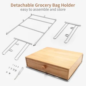 Grocery Bag Holder Wooden Drawers Base, Detachable Plastic Bag Organizer, Chrome Plated Metal Convenient Bag Holder, for Stores, Grocery Store，Supermarkets, Homes, Kitchens