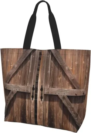 Grocery Bag Reusable Tote Bag Foldable Vintage Wooden Barn Door Shopping Bag Handbag Washable Shoulder Bag for Travel