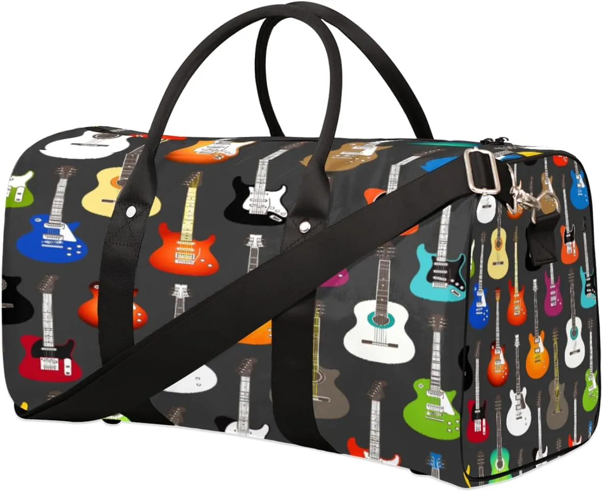 Guitar Travel Duffel Bag, Music Theme Sports Tote Gym Bag, Foldable Weekender Overnight Bag, Luggage Handle Bag for Women Men
