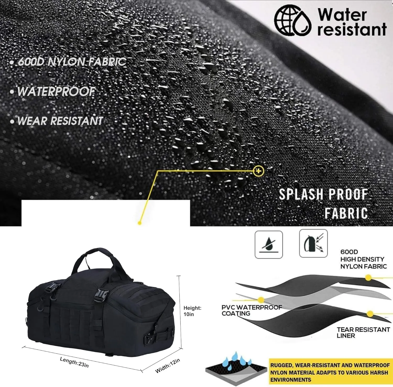 Gym Bag Duffle Bags Backpack Travel Duffle Bag with Weekend Overnight Bag for Outdoor Tactical Sports Travel Camping Hunting (Black, 60L)