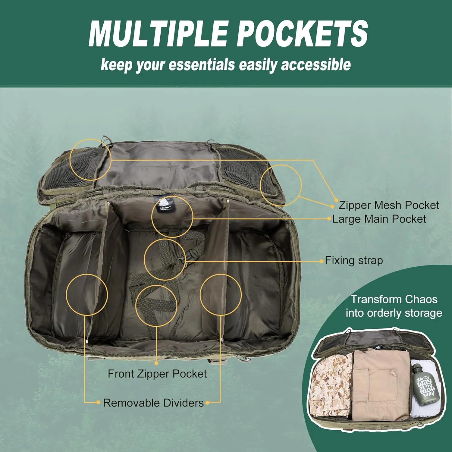 Gym Bag Duffle Bags Backpack Travel Duffle Bag with Weekend Overnight Bag for Outdoor Tactical Sports Travel Camping Hunting (Green, 80L)