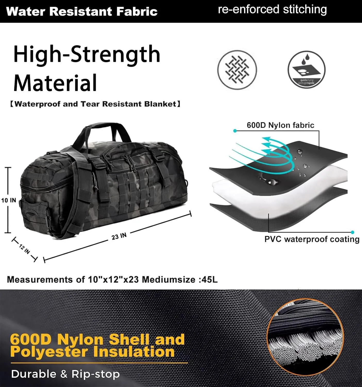 Gym Bag Duffle Bags Backpack - Travel Weekender Bag for Men Women Workout Bag for Military,Sports,Overnight,Basketball,Tactical,Football,Waterproof & Tear Resistant