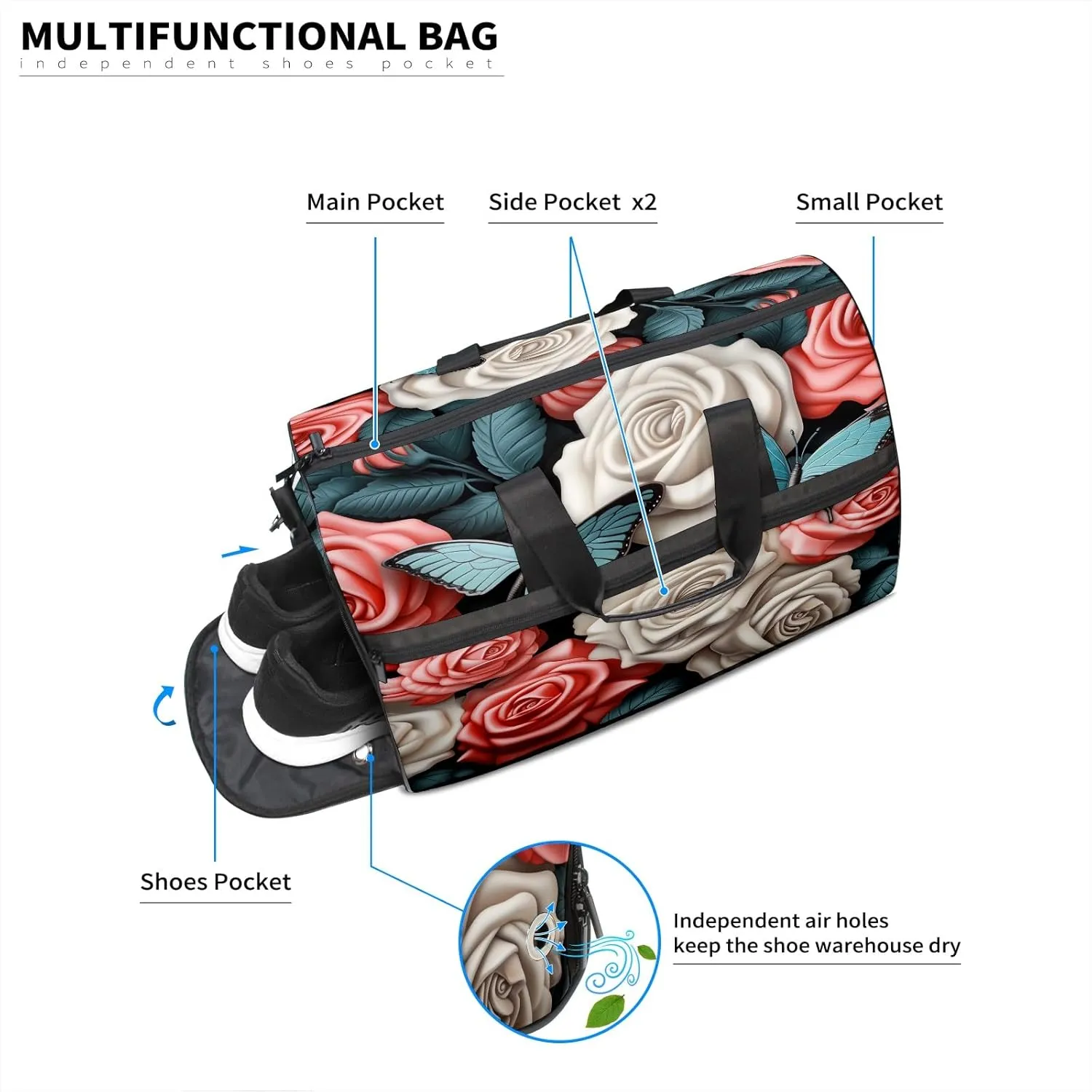 Gym Bag for Women, Carry on Weekender Overnight Bag, Travel Duffel Bags, Personal Item Travel Bag Tote Bag Workout Dance Bag, Butterfly Rose Flower - 2