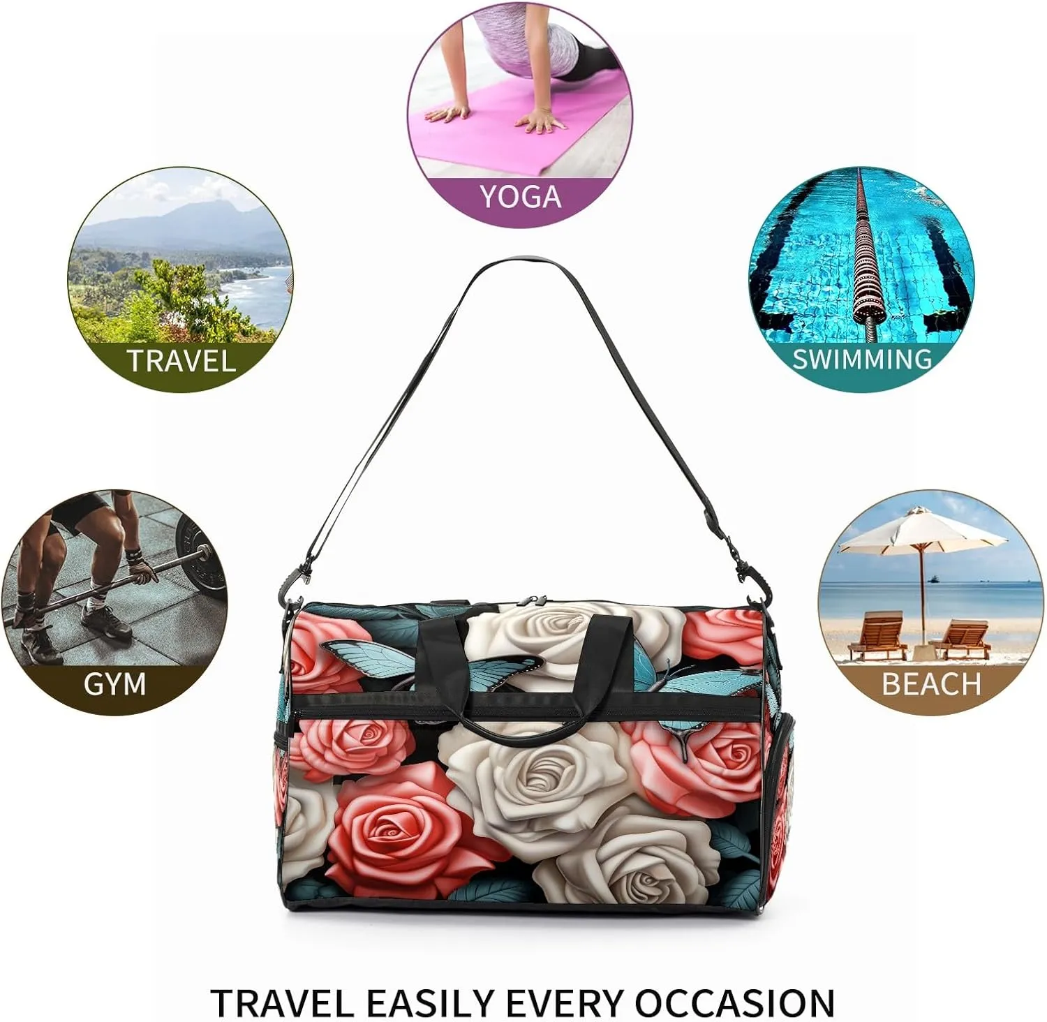 Gym Bag for Women, Carry on Weekender Overnight Bag, Travel Duffel Bags, Personal Item Travel Bag Tote Bag Workout Dance Bag, Butterfly Rose Flower - 2