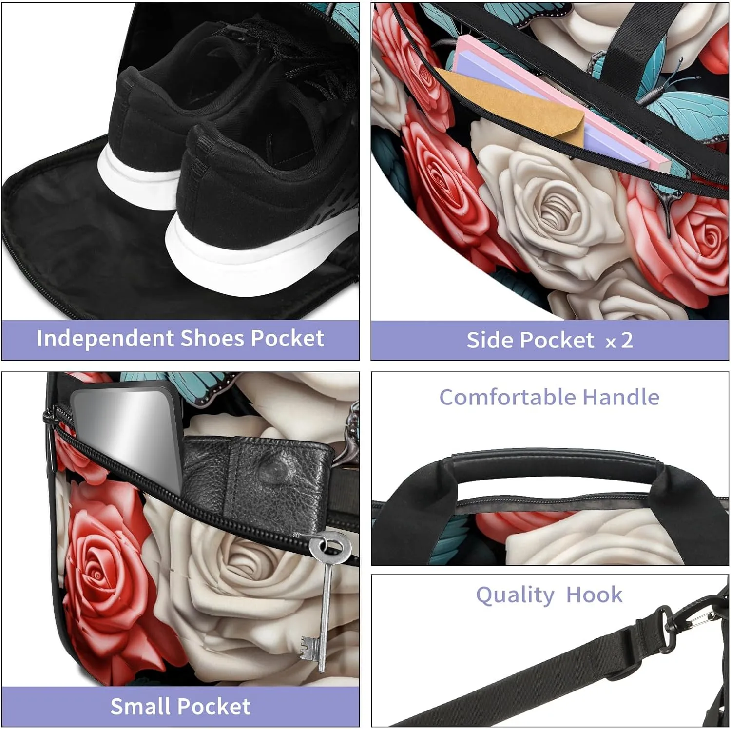 Gym Bag for Women, Carry on Weekender Overnight Bag, Travel Duffel Bags, Personal Item Travel Bag Tote Bag Workout Dance Bag, Butterfly Rose Flower - 2