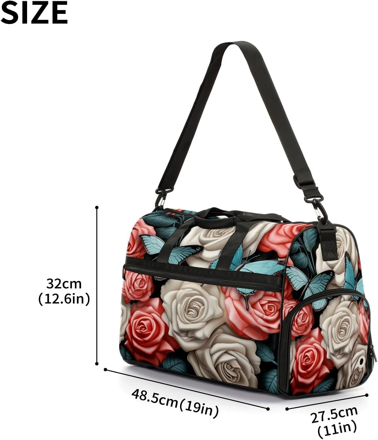 Gym Bag for Women, Carry on Weekender Overnight Bag, Travel Duffel Bags, Personal Item Travel Bag Tote Bag Workout Dance Bag, Butterfly Rose Flower - 2