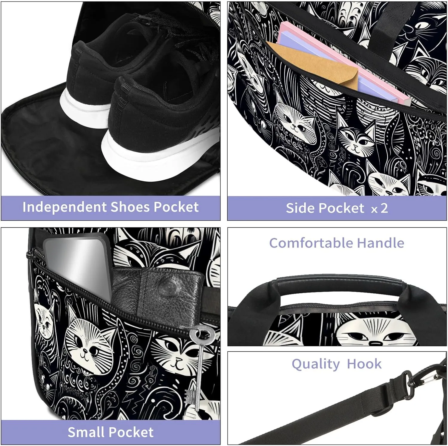 Gym Bag for Women, Carry on Weekender Overnight Bag, Travel Duffel Bags, Personal Item Travel Bag Tote Bag Workout Dance Bag, Cat - 17