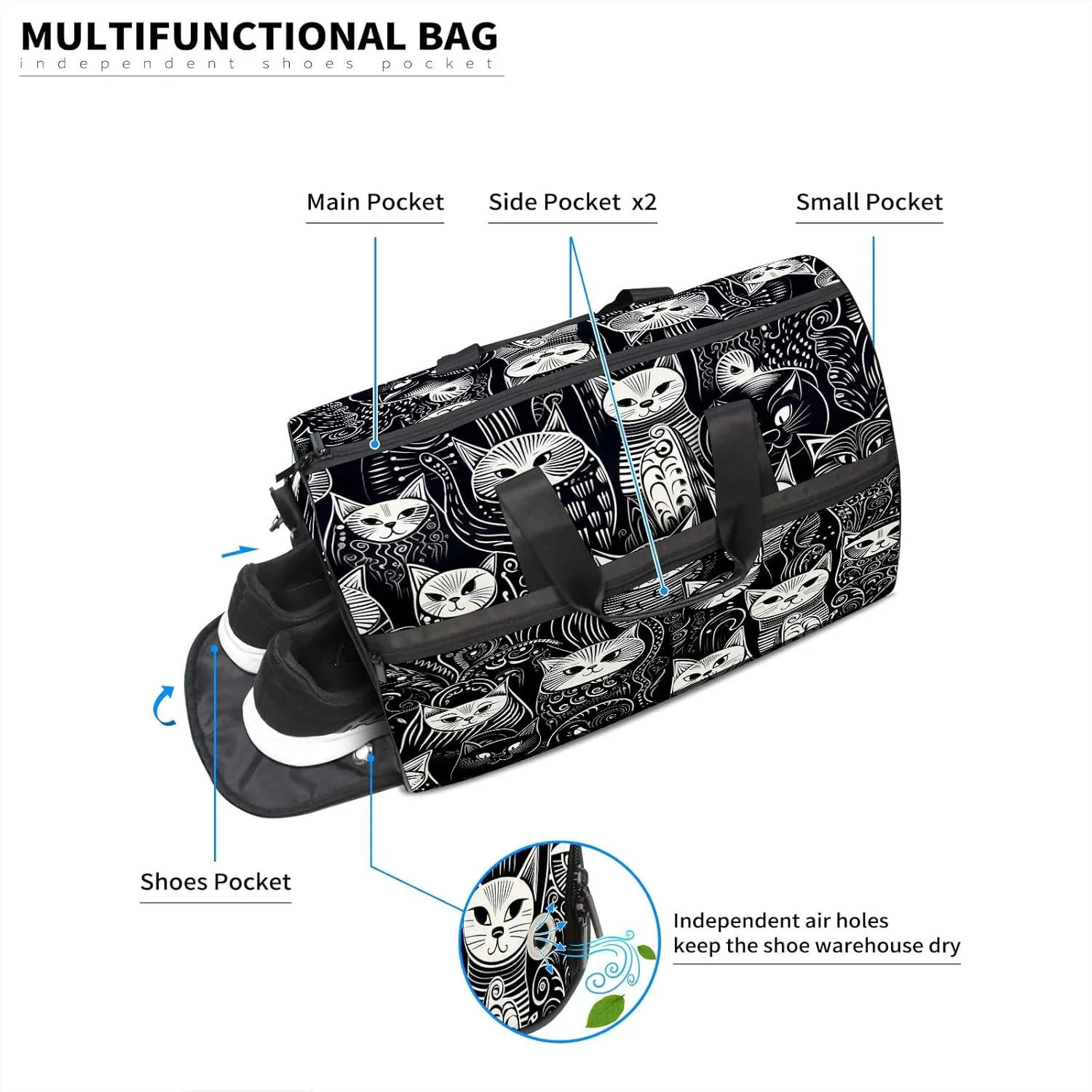 Gym Bag for Women, Carry on Weekender Overnight Bag, Travel Duffel Bags, Personal Item Travel Bag Tote Bag Workout Dance Bag, Cat - 17