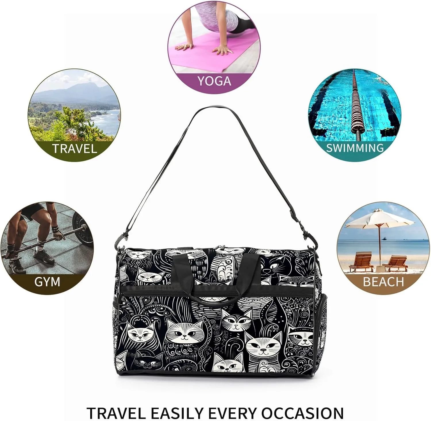 Gym Bag for Women, Carry on Weekender Overnight Bag, Travel Duffel Bags, Personal Item Travel Bag Tote Bag Workout Dance Bag, Cat - 17