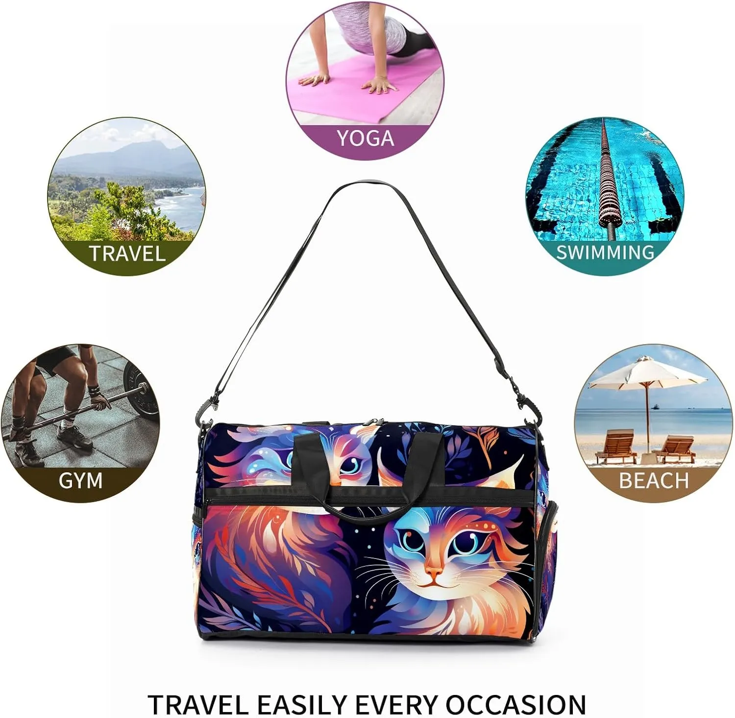 Gym Bag for Women, Carry on Weekender Overnight Bag, Travel Duffel Bags, Personal Item Travel Bag Tote Bag Workout Dance Bag, Cat - 25