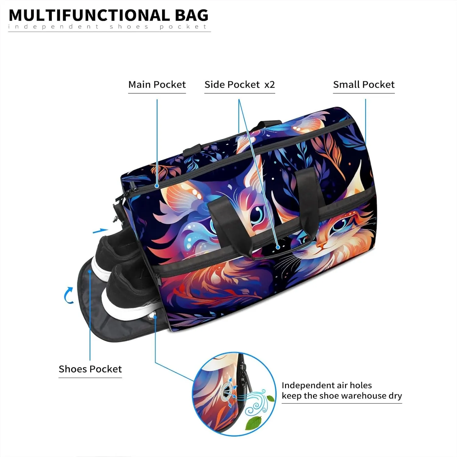 Gym Bag for Women, Carry on Weekender Overnight Bag, Travel Duffel Bags, Personal Item Travel Bag Tote Bag Workout Dance Bag, Cat - 25