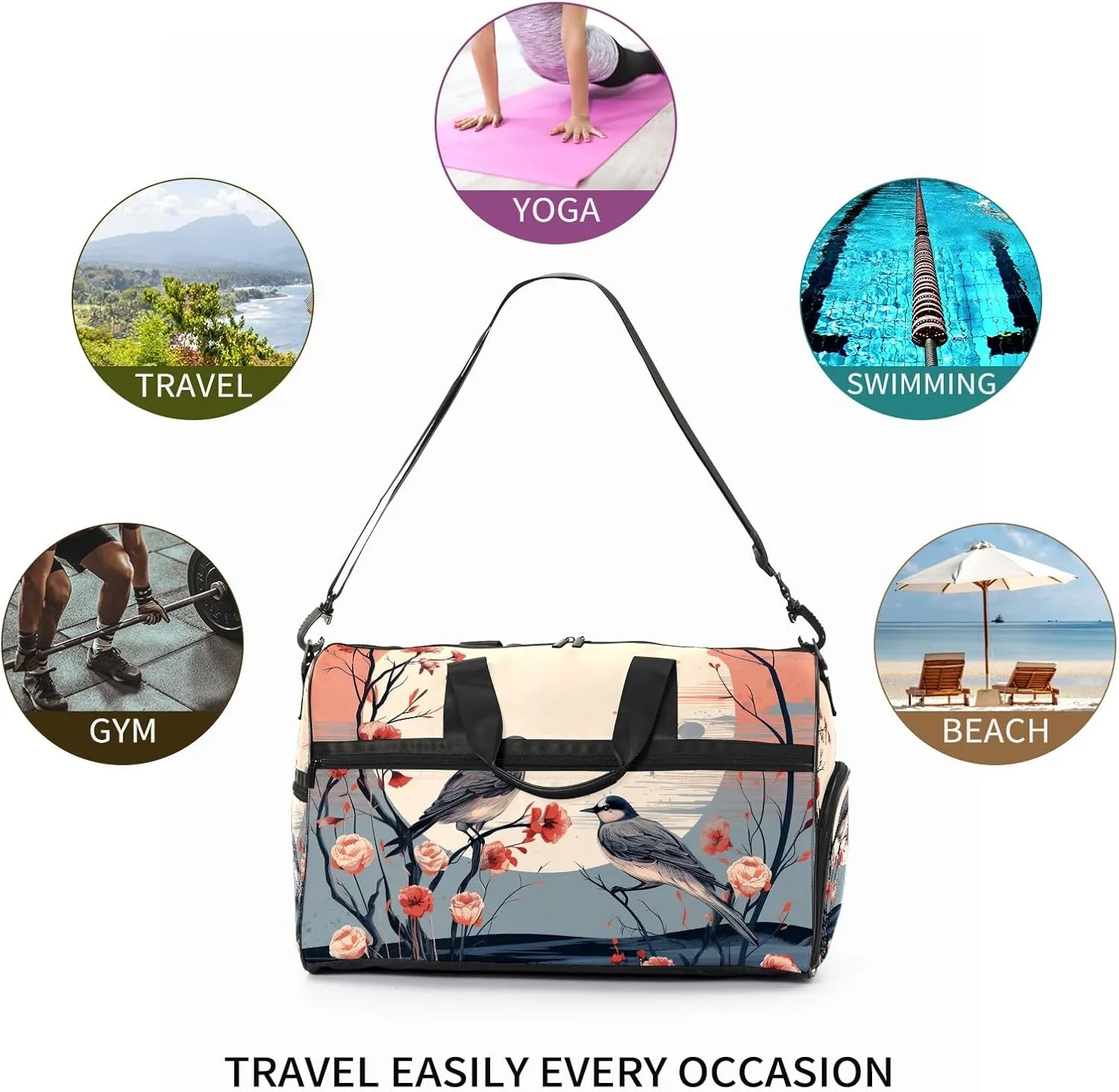 Gym Bag for Women, Carry on Weekender Overnight Bag, Travel Duffel Bags, Personal Item Travel Bag Tote Bag Workout Dance Bag, Chinese Painting Bird - 20