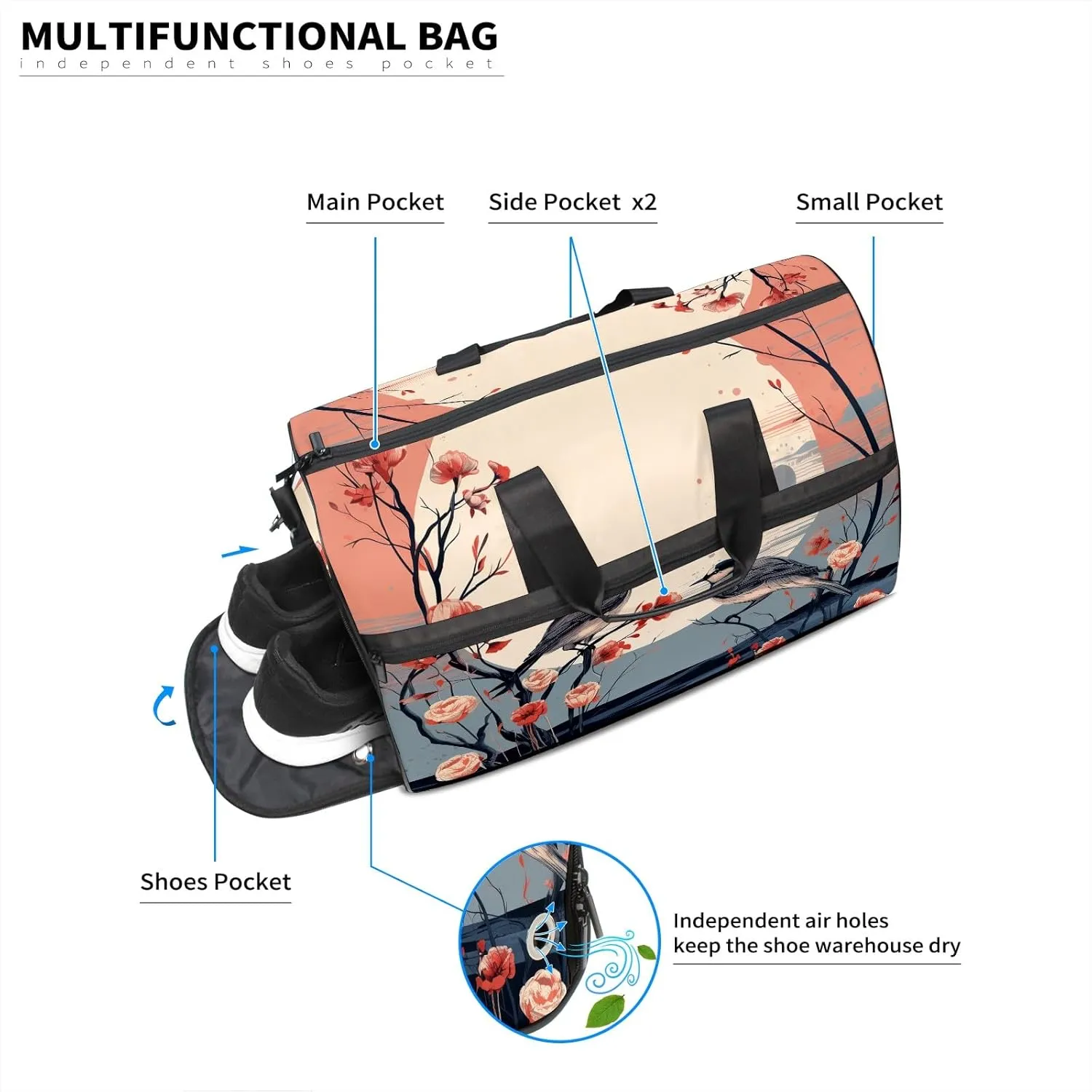 Gym Bag for Women, Carry on Weekender Overnight Bag, Travel Duffel Bags, Personal Item Travel Bag Tote Bag Workout Dance Bag, Chinese Painting Bird - 20