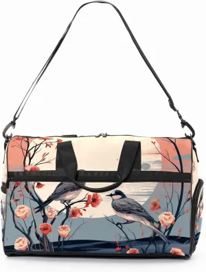 Gym Bag for Women, Carry on Weekender Overnight Bag, Travel Duffel Bags, Personal Item Travel Bag Tote Bag Workout Dance Bag, Chinese Painting Bird - 20