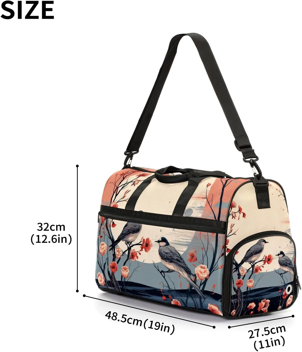 Gym Bag for Women, Carry on Weekender Overnight Bag, Travel Duffel Bags, Personal Item Travel Bag Tote Bag Workout Dance Bag, Chinese Painting Bird - 20