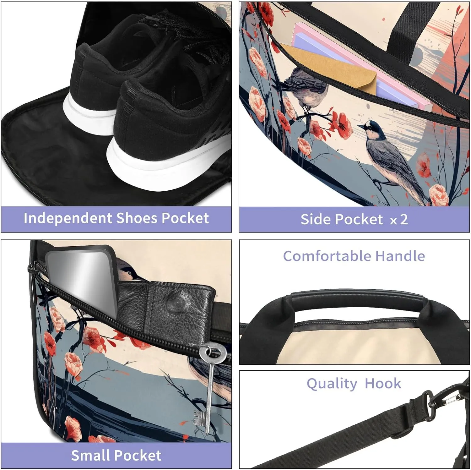 Gym Bag for Women, Carry on Weekender Overnight Bag, Travel Duffel Bags, Personal Item Travel Bag Tote Bag Workout Dance Bag, Chinese Painting Bird - 20