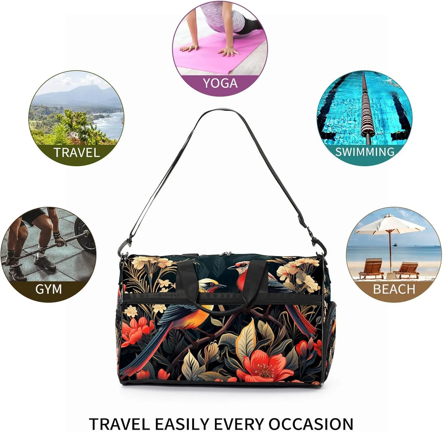 Gym Bag for Women, Carry on Weekender Overnight Bag, Travel Duffel Bags, Personal Item Travel Bag Tote Bag Workout Dance Bag, Chinese Painting Bird - 29