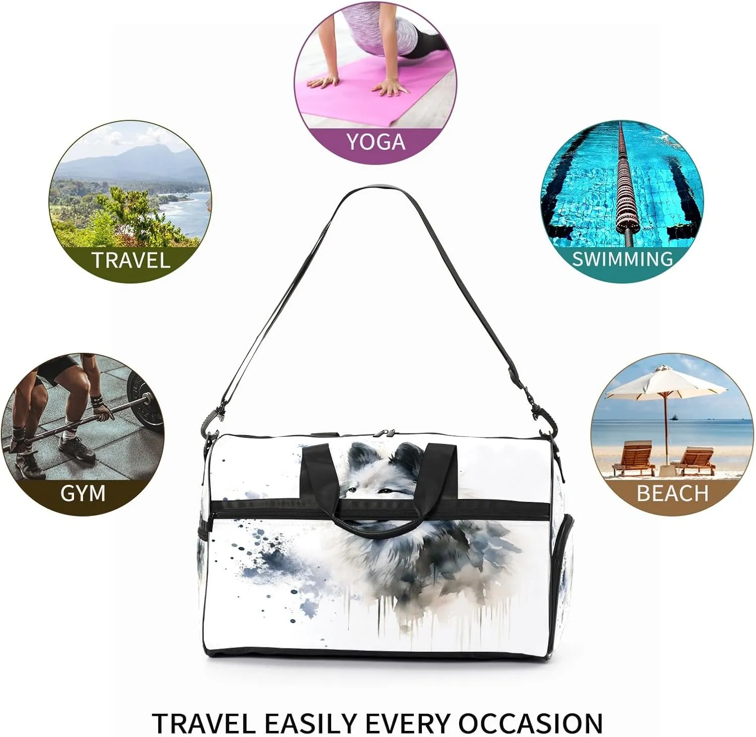 Gym Bag for Women, Carry on Weekender Overnight Bag, Travel Duffel Bags, Personal Item Travel Bag Tote Bag Workout Dance Bag, Chinese Painting Dog - 2
