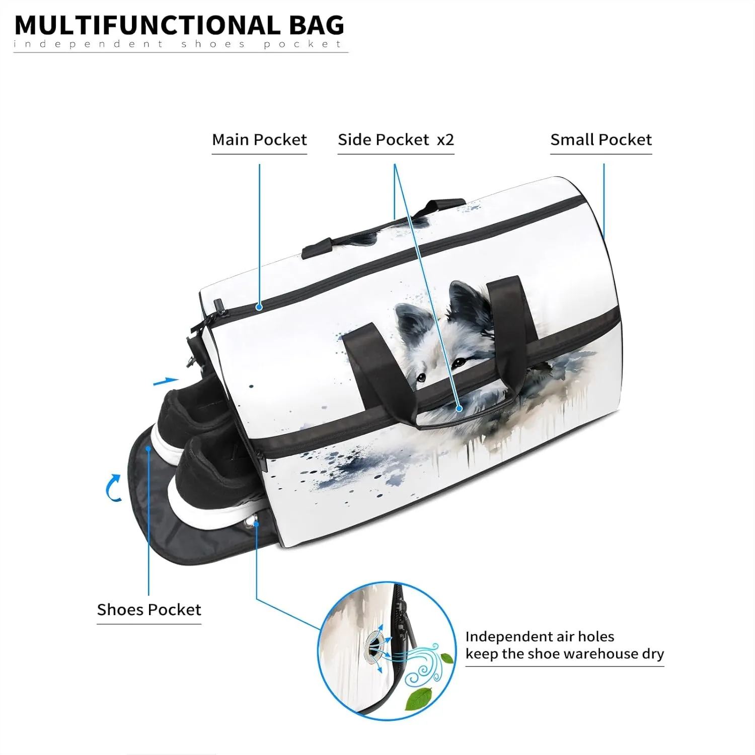 Gym Bag for Women, Carry on Weekender Overnight Bag, Travel Duffel Bags, Personal Item Travel Bag Tote Bag Workout Dance Bag, Chinese Painting Dog - 2