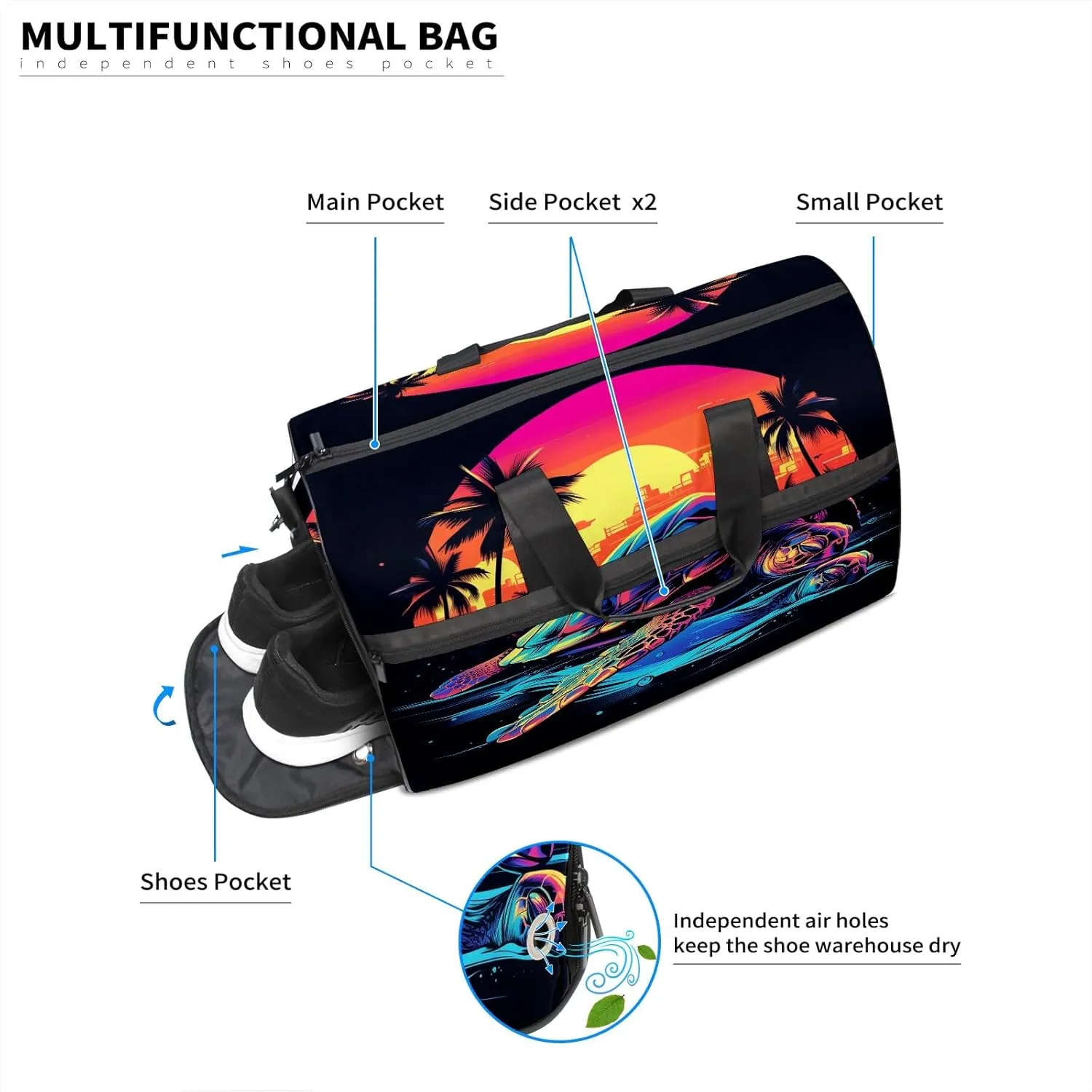 Gym Bag for Women, Carry on Weekender Overnight Bag, Travel Duffel Bags, Personal Item Travel Bag Tote Bag Workout Dance Bag, Illustration Turtle - 7