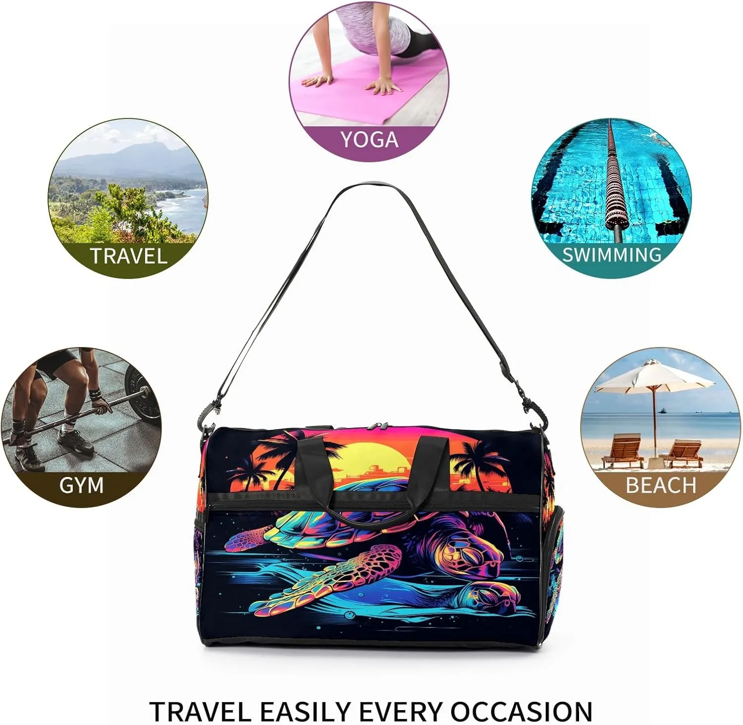 Gym Bag for Women, Carry on Weekender Overnight Bag, Travel Duffel Bags, Personal Item Travel Bag Tote Bag Workout Dance Bag, Illustration Turtle - 7