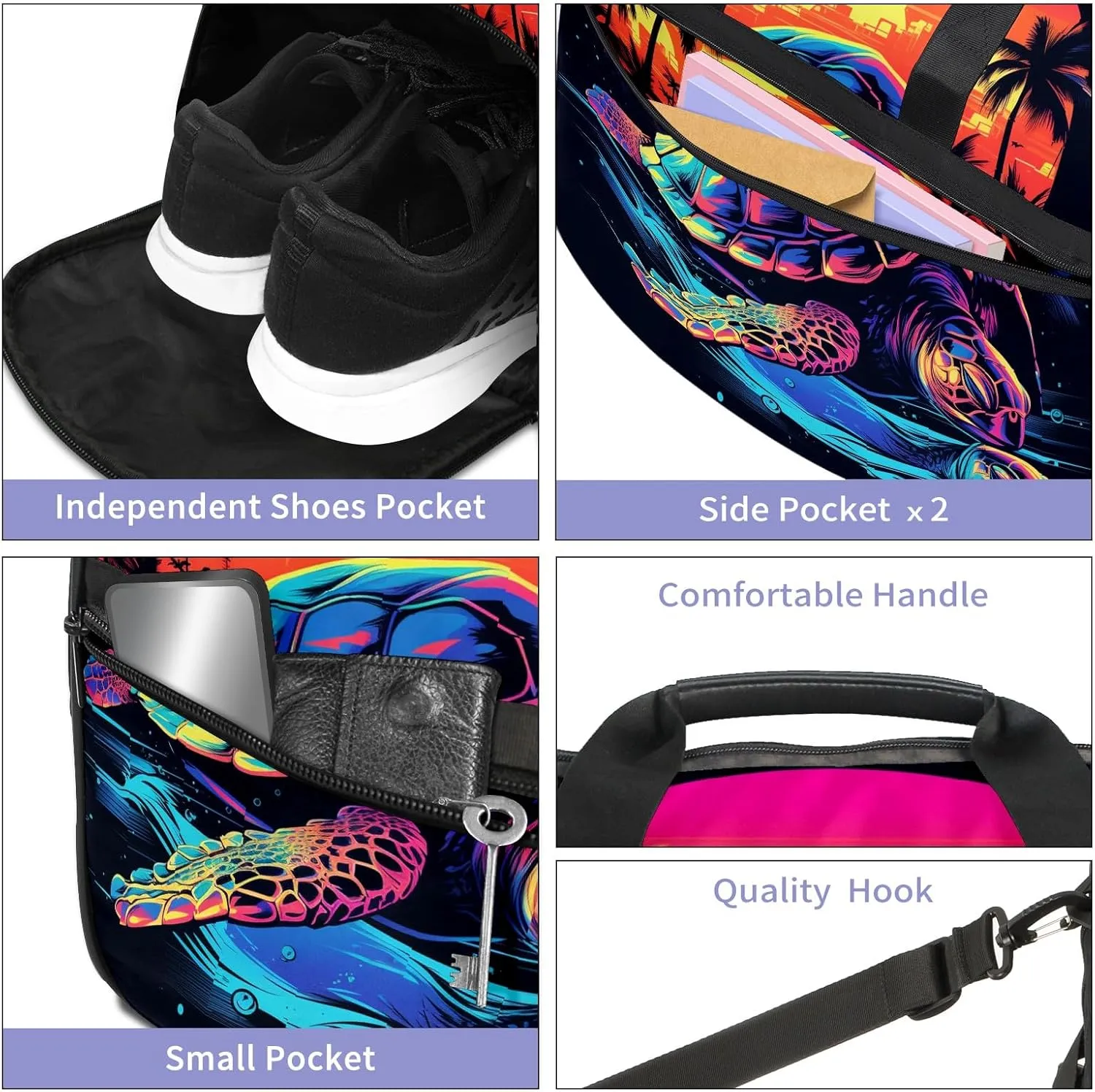 Gym Bag for Women, Carry on Weekender Overnight Bag, Travel Duffel Bags, Personal Item Travel Bag Tote Bag Workout Dance Bag, Illustration Turtle - 7