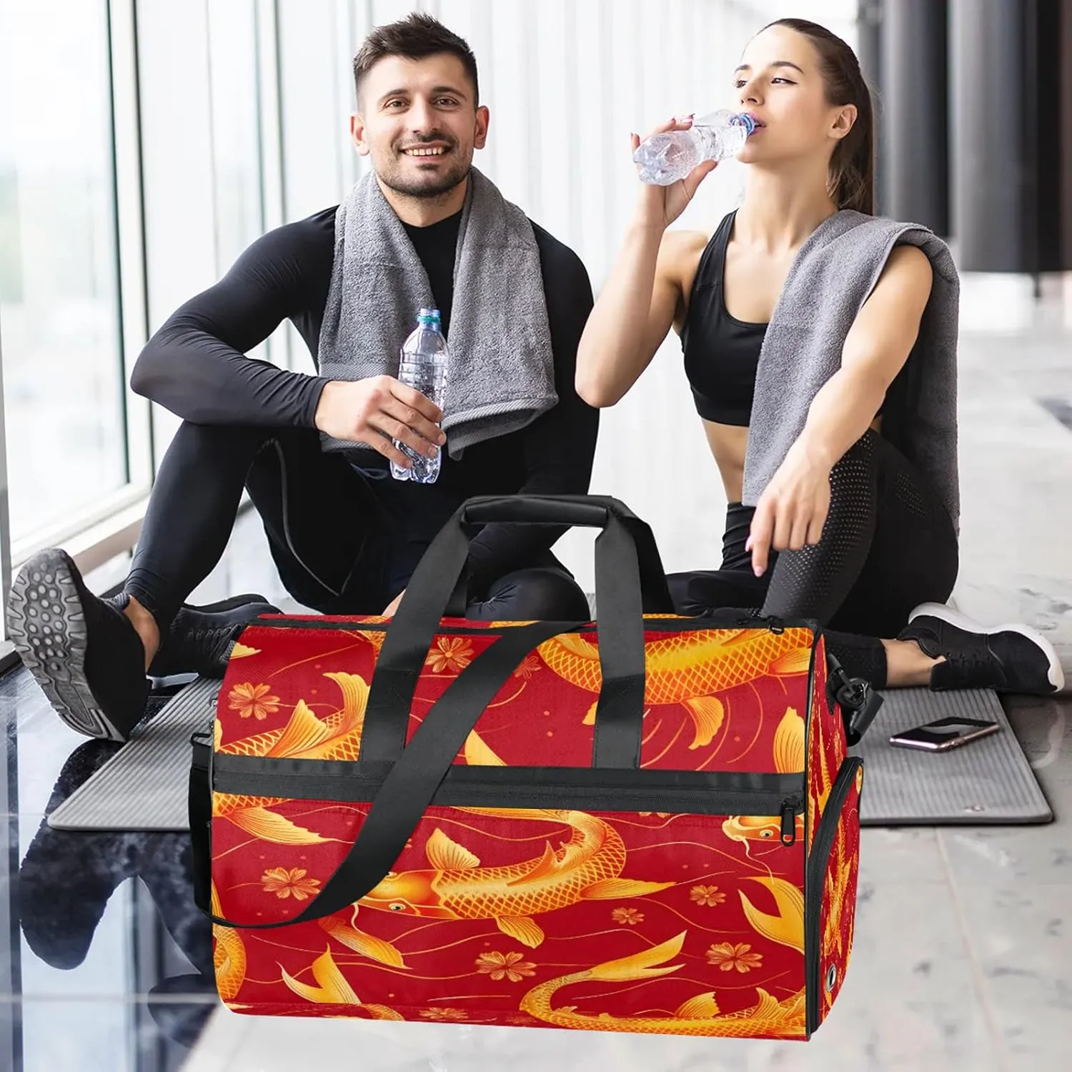 Gym Bag for Women Men Animal Fish Japanese Travel Duffle Bag with Shoe Compartment Waterproof Sports Tote Bags Large Overnight Weekender Bags for Travel Swimming Gym Yoga Dance