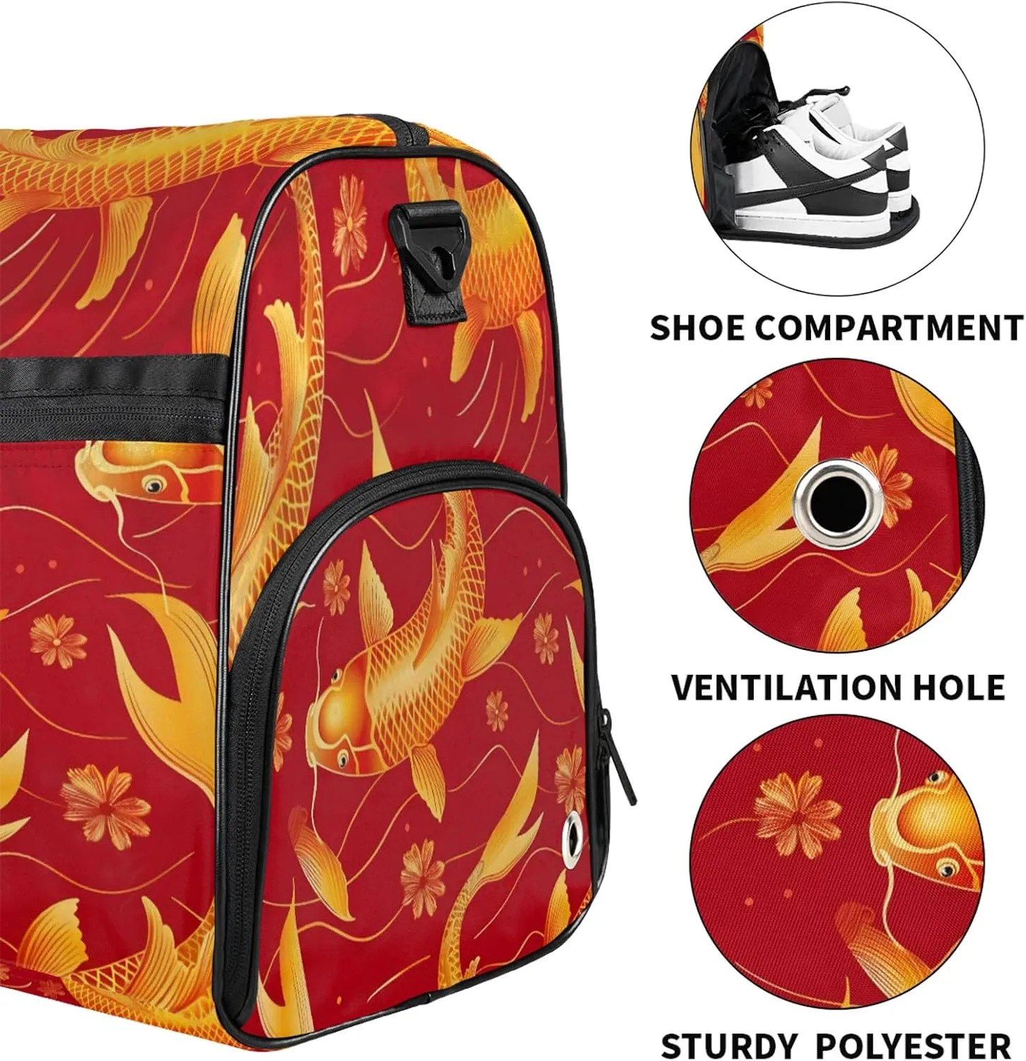 Gym Bag for Women Men Animal Fish Japanese Travel Duffle Bag with Shoe Compartment Waterproof Sports Tote Bags Large Overnight Weekender Bags for Travel Swimming Gym Yoga Dance