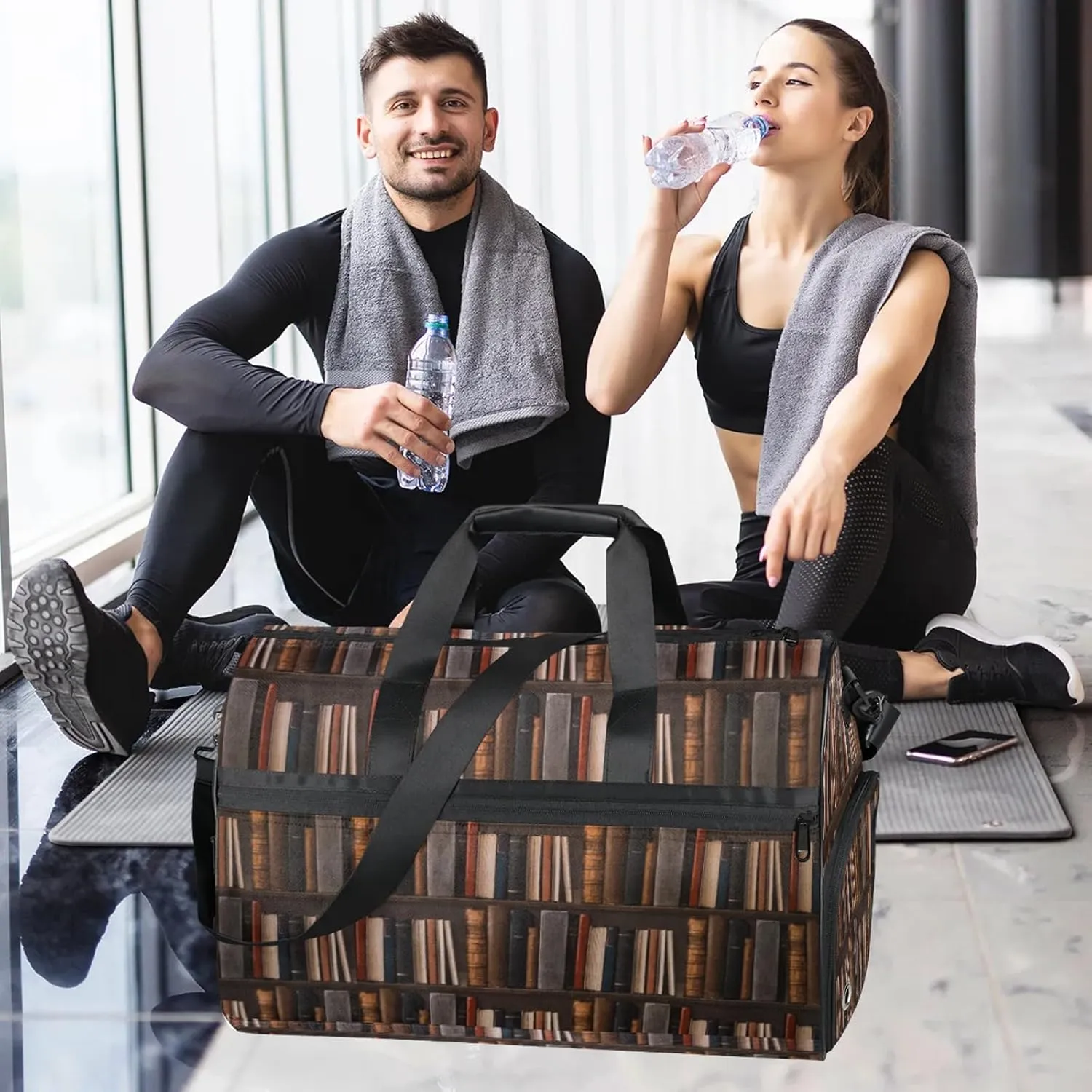 Gym Bag for Women Men Bookshelf Book Modern Travel Duffle Bag with Shoe Compartment Waterproof Sports Tote Bags Large Overnight Weekender Bags for Travel Swimming Gym Yoga Dance