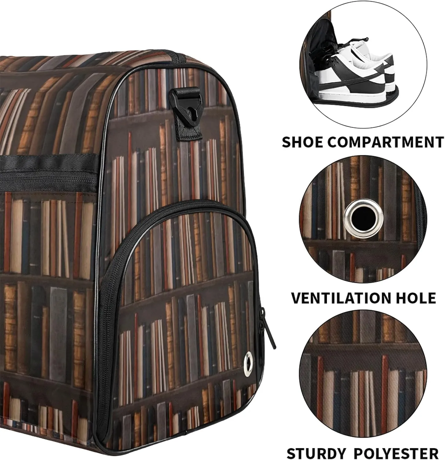 Gym Bag for Women Men Bookshelf Book Modern Travel Duffle Bag with Shoe Compartment Waterproof Sports Tote Bags Large Overnight Weekender Bags for Travel Swimming Gym Yoga Dance