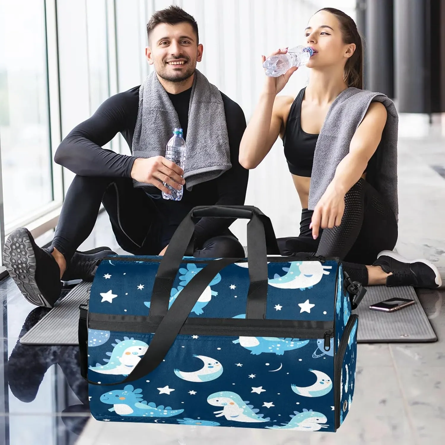 Gym Bag for Women Men Cute Cartoon Animal Dinosaur Travel Duffle Bag with Shoe Compartment Waterproof Sports Tote Bags Large Overnight Weekender Bags for Travel Swimming Gym Yoga Dance