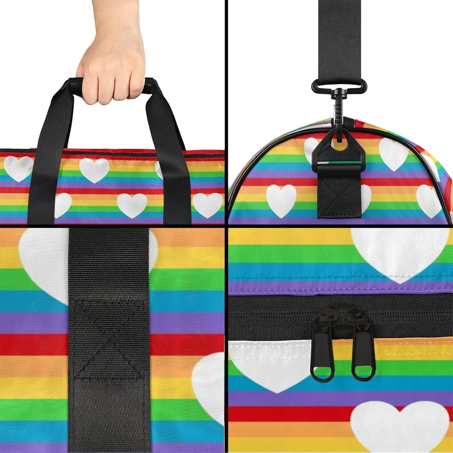 Gym Bag for Women Men Cute Rainbow Heart Travel Duffle Bag with Shoe Compartment Waterproof Sports Tote Bags Large Overnight Weekender Bags for Travel Swimming Gym Yoga Dance