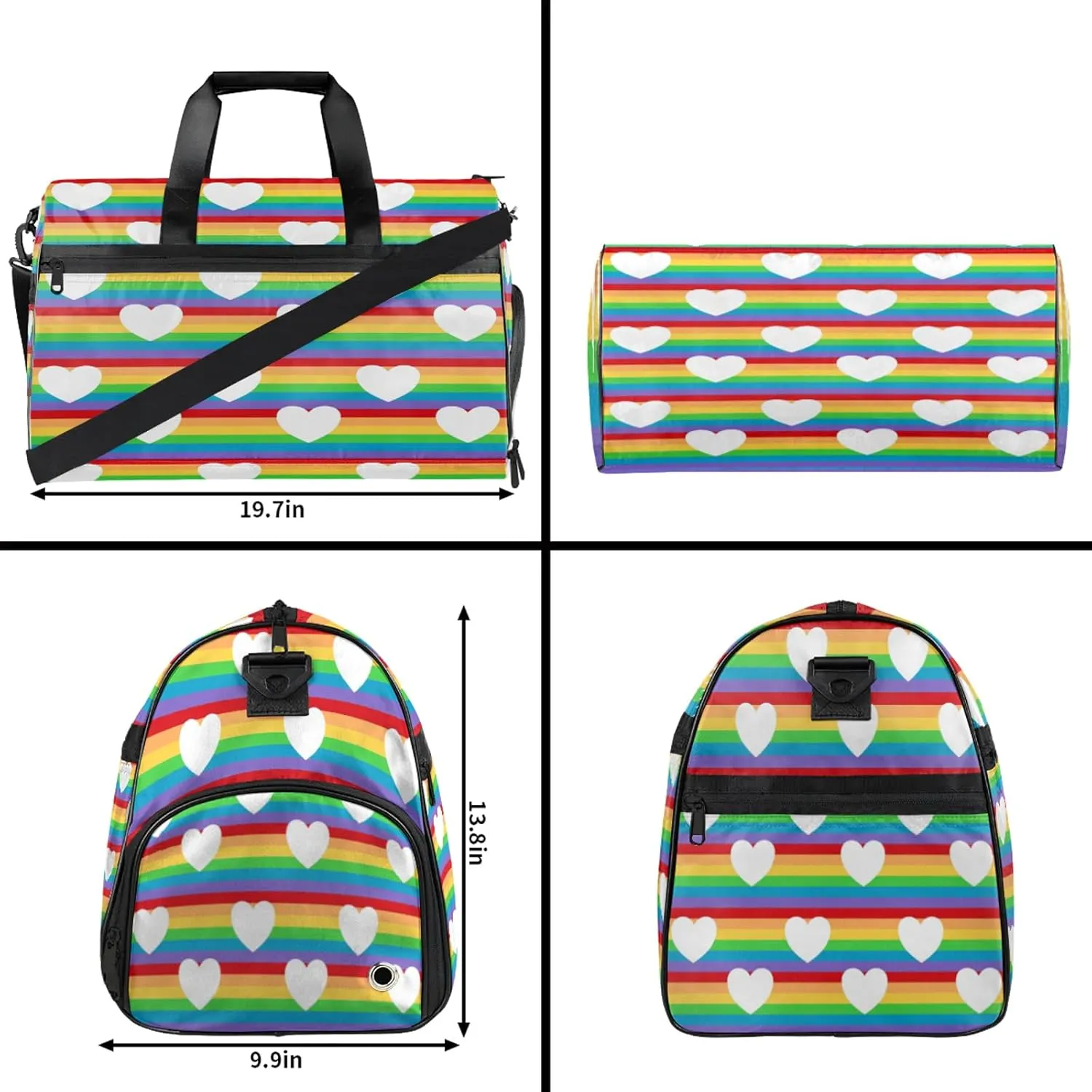 Gym Bag for Women Men Cute Rainbow Heart Travel Duffle Bag with Shoe Compartment Waterproof Sports Tote Bags Large Overnight Weekender Bags for Travel Swimming Gym Yoga Dance