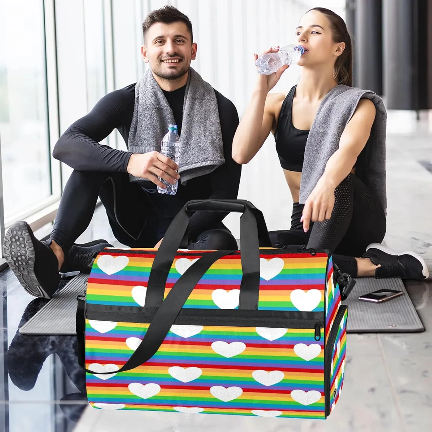 Gym Bag for Women Men Cute Rainbow Heart Travel Duffle Bag with Shoe Compartment Waterproof Sports Tote Bags Large Overnight Weekender Bags for Travel Swimming Gym Yoga Dance