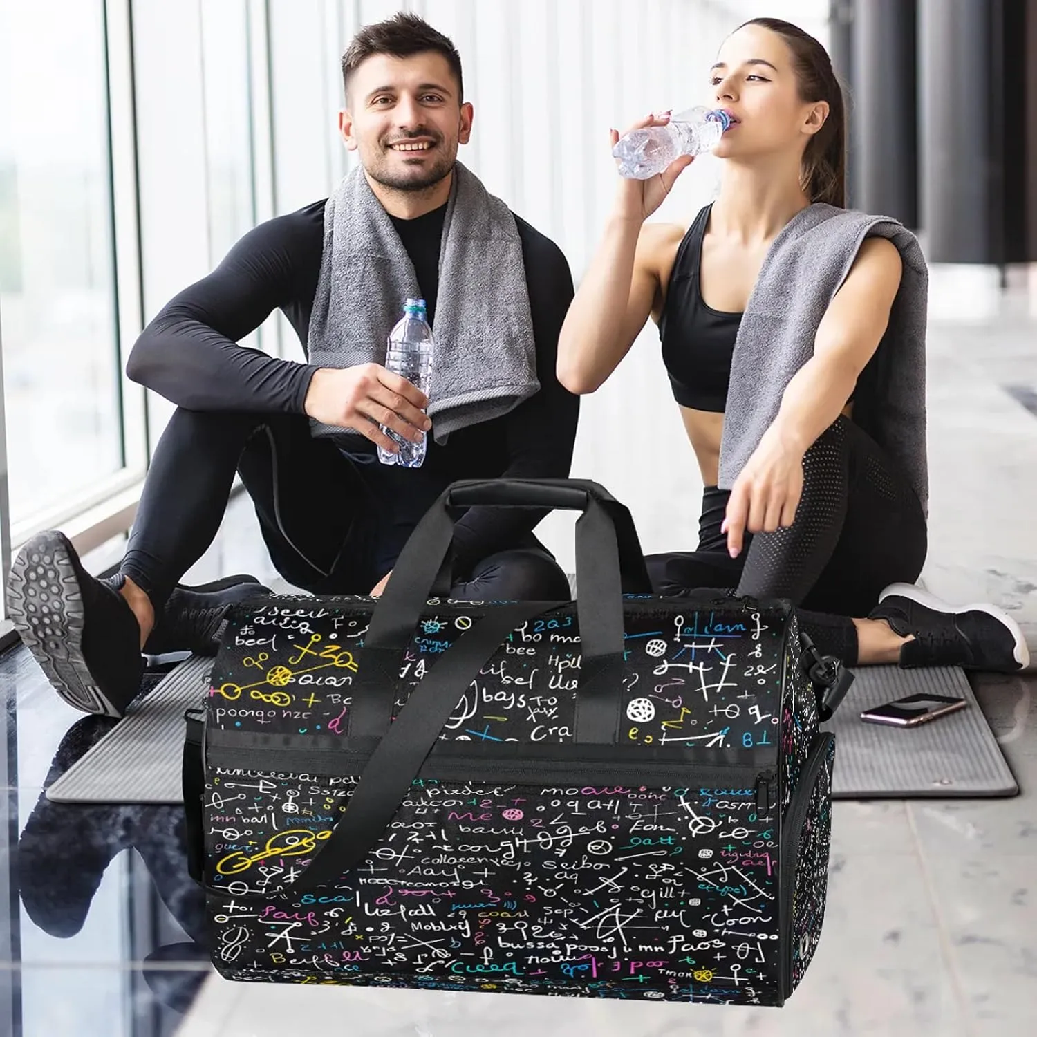 Gym Bag for Women Men Education Colorful Blackboard Travel Duffle Bag with Shoe Compartment Waterproof Sports Tote Bags Large Overnight Weekender Bags for Travel Swimming Gym Yoga Dance