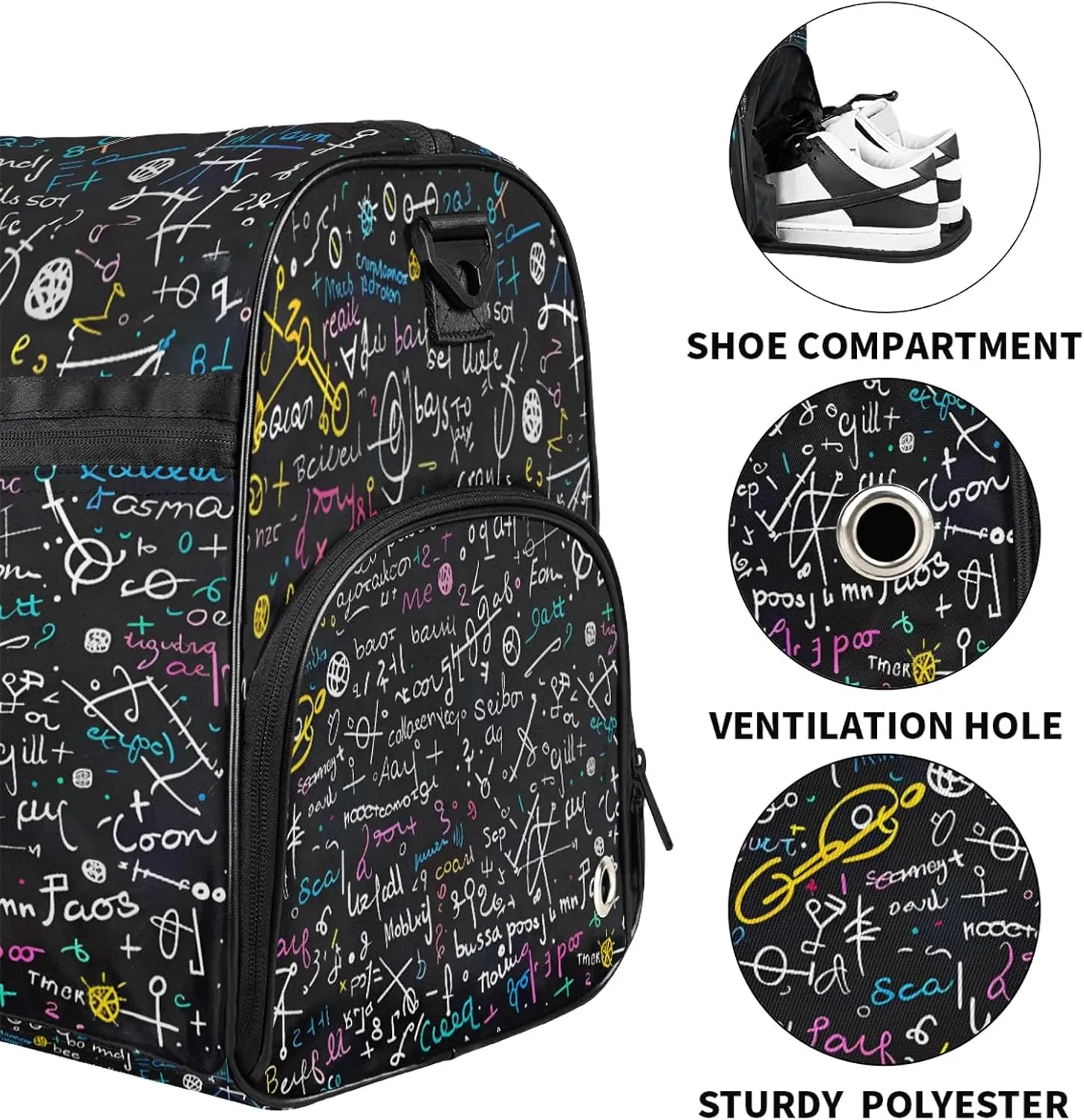Gym Bag for Women Men Education Colorful Blackboard Travel Duffle Bag with Shoe Compartment Waterproof Sports Tote Bags Large Overnight Weekender Bags for Travel Swimming Gym Yoga Dance