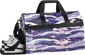 Gym Bag for Women Men Ocean Japanese Purple Travel Duffle Bag with Shoe Compartment Waterproof Sports Tote Bags Large Overnight Weekender Bags for Travel Swimming Gym Yoga Dance