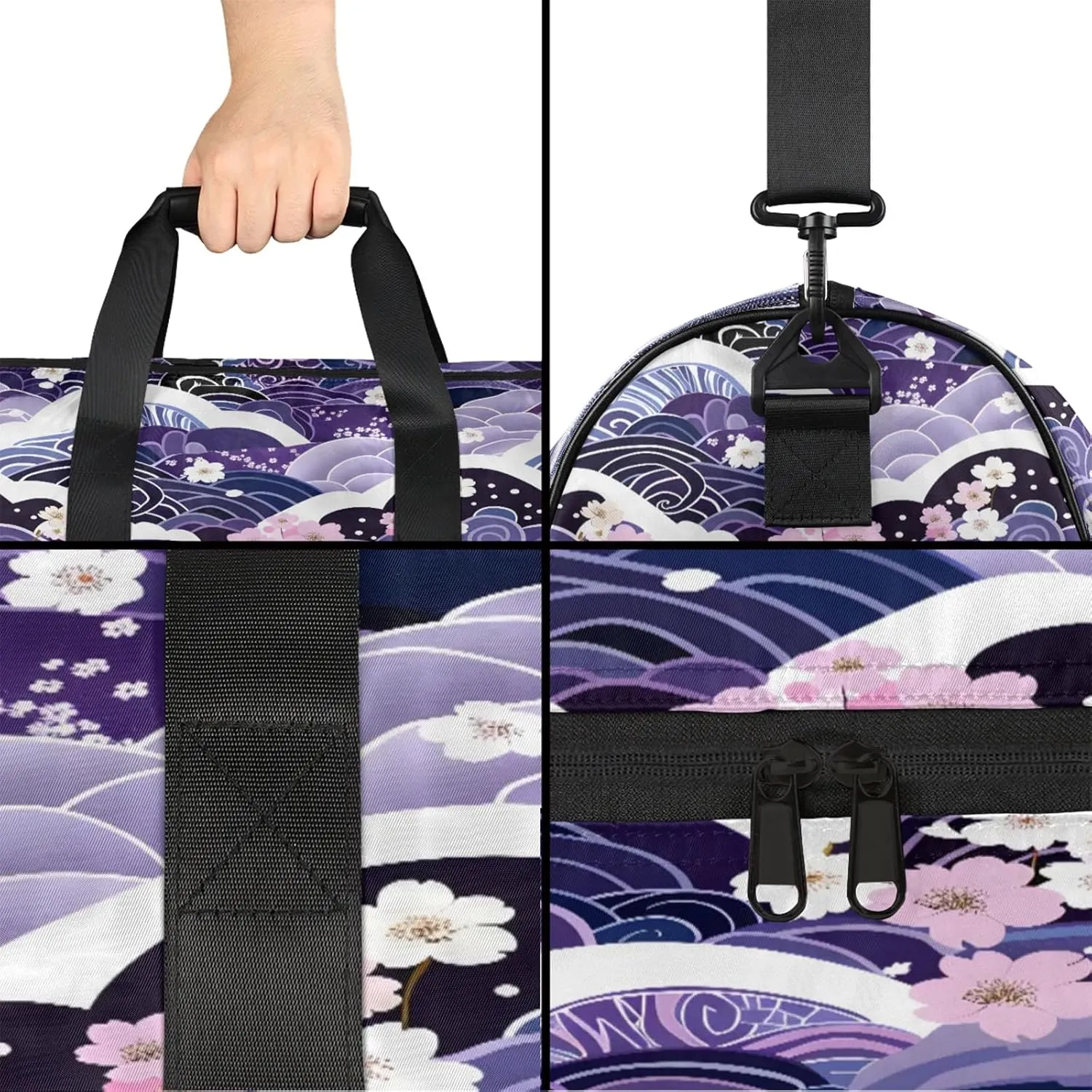 Gym Bag for Women Men Ocean Japanese Purple Travel Duffle Bag with Shoe Compartment Waterproof Sports Tote Bags Large Overnight Weekender Bags for Travel Swimming Gym Yoga Dance
