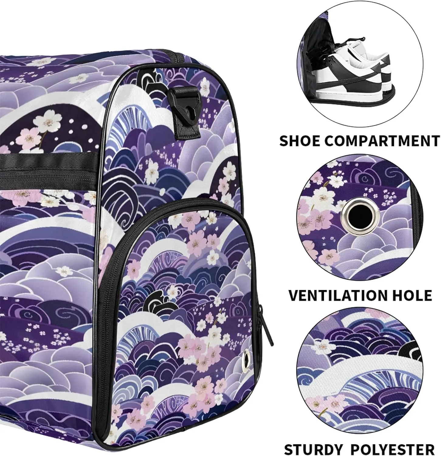Gym Bag for Women Men Ocean Japanese Purple Travel Duffle Bag with Shoe Compartment Waterproof Sports Tote Bags Large Overnight Weekender Bags for Travel Swimming Gym Yoga Dance