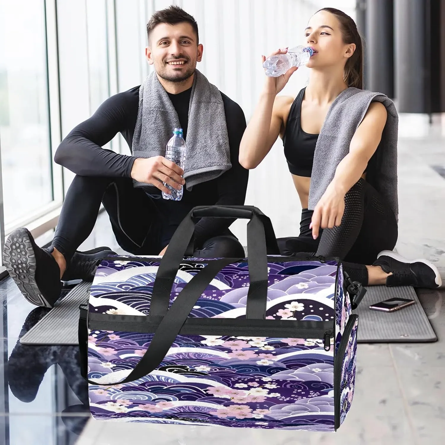 Gym Bag for Women Men Ocean Japanese Purple Travel Duffle Bag with Shoe Compartment Waterproof Sports Tote Bags Large Overnight Weekender Bags for Travel Swimming Gym Yoga Dance
