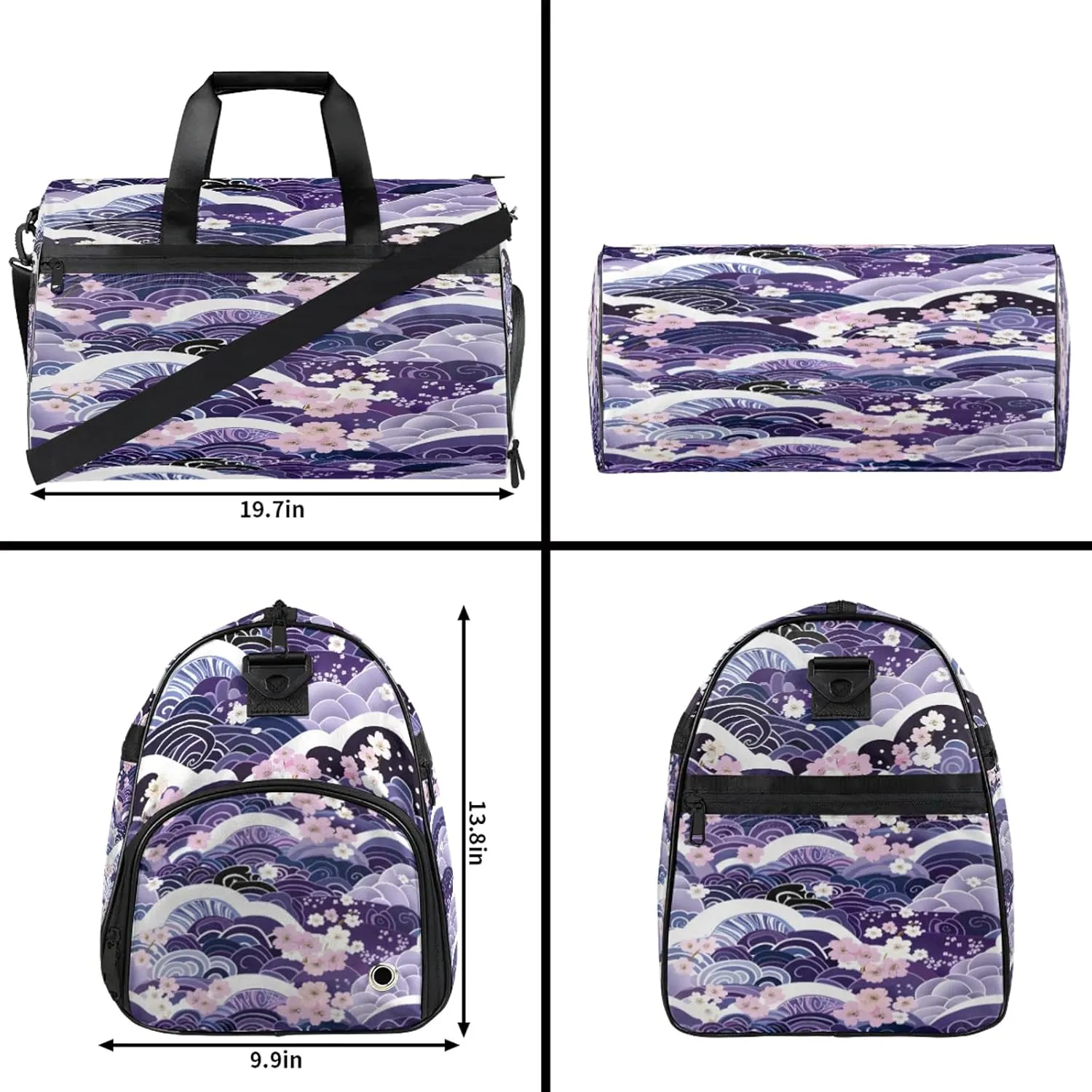 Gym Bag for Women Men Ocean Japanese Purple Travel Duffle Bag with Shoe Compartment Waterproof Sports Tote Bags Large Overnight Weekender Bags for Travel Swimming Gym Yoga Dance