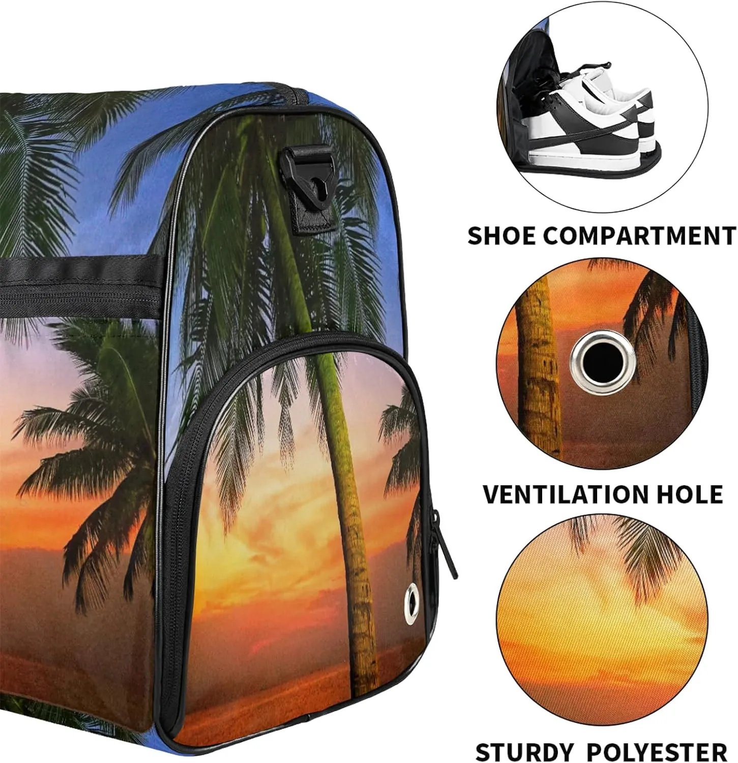 Gym Bag for Women Men Palm Tree Sunset Beach Summer Travel Duffle Bag with Shoe Compartment Waterproof Sports Tote Bags Large Overnight Weekender Bags for Travel Swimming Gym Yoga Dance