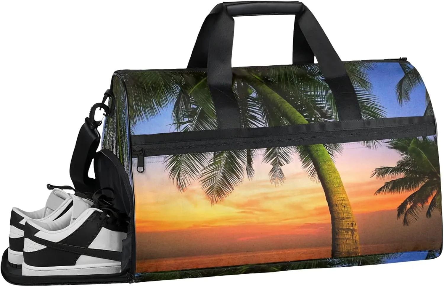 Gym Bag for Women Men Palm Tree Sunset Beach Summer Travel Duffle Bag with Shoe Compartment Waterproof Sports Tote Bags Large Overnight Weekender Bags for Travel Swimming Gym Yoga Dance