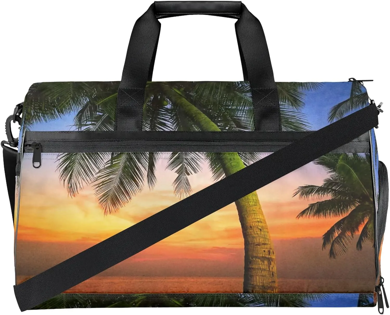 Gym Bag for Women Men Palm Tree Sunset Beach Summer Travel Duffle Bag with Shoe Compartment Waterproof Sports Tote Bags Large Overnight Weekender Bags for Travel Swimming Gym Yoga Dance